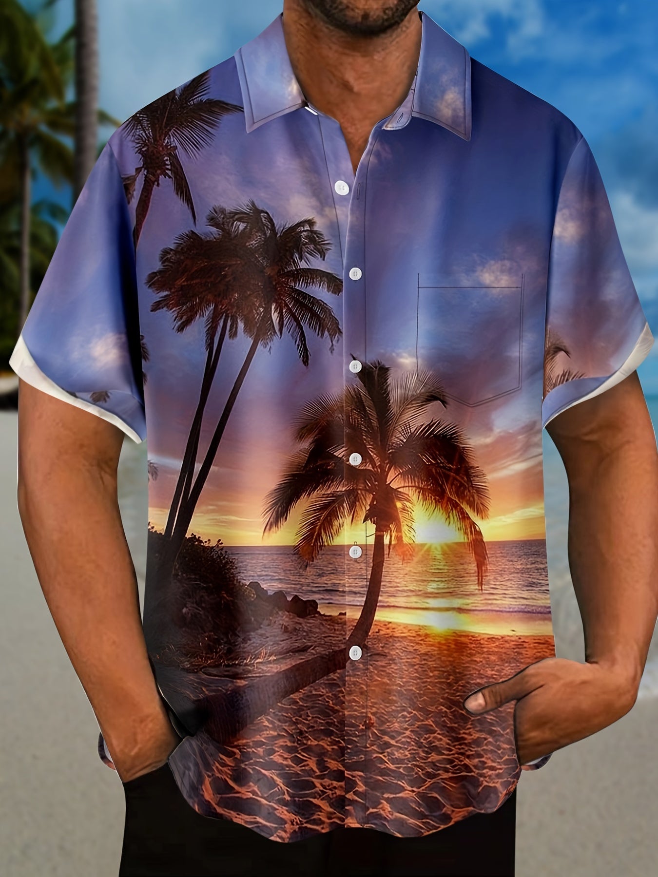 Coconut Tree & Moon Print Men's Casual Short Sleeve Shirt