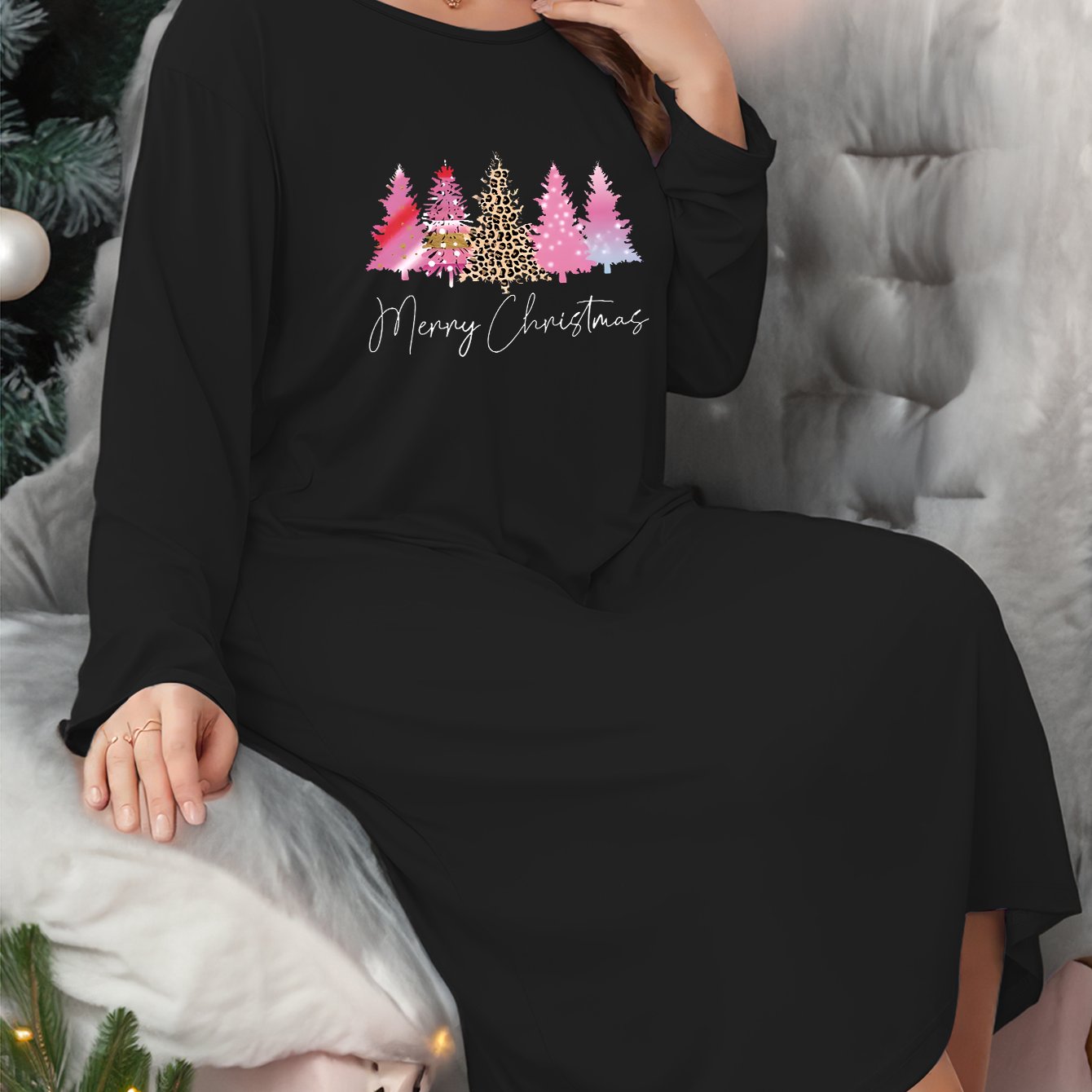 Xmas Tree Print Long Sleeve Night Dress