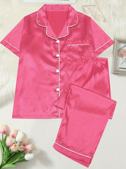Satin Contrast Pajamas Set Short Sleeve Shirt & Pant