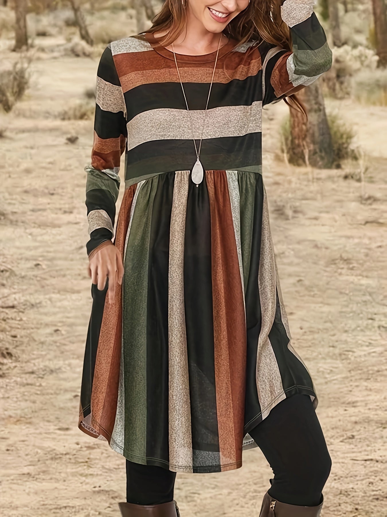 Colorblock Stripe Print Long Sleeve Round Neck Dress