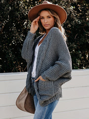 Open Front Cable Knit Cardigan with Pockets