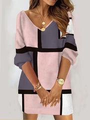 Colorblock Long Sleeve V Neck Mini Dress