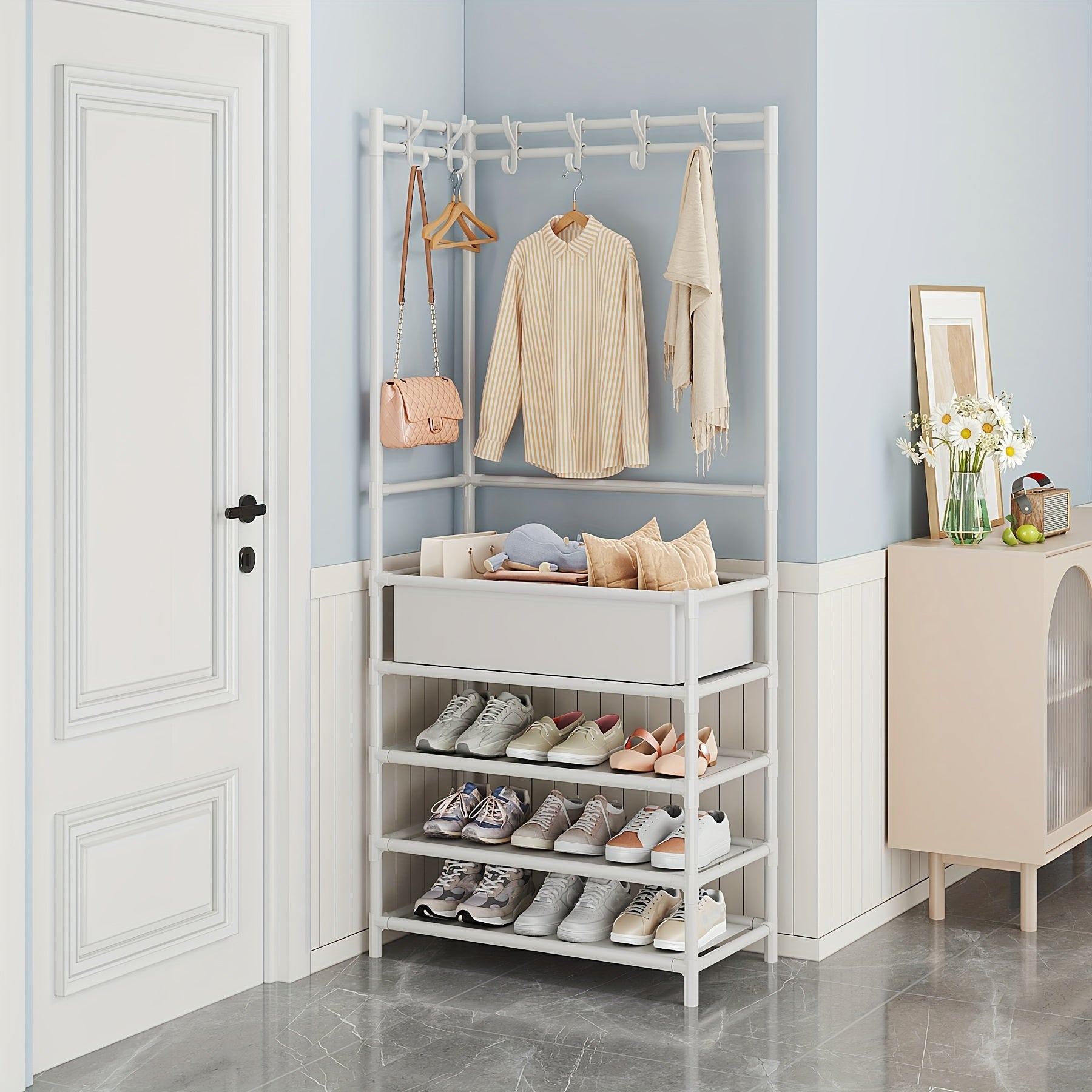 Coat Rack with Storage Shelves & 8 Hooks