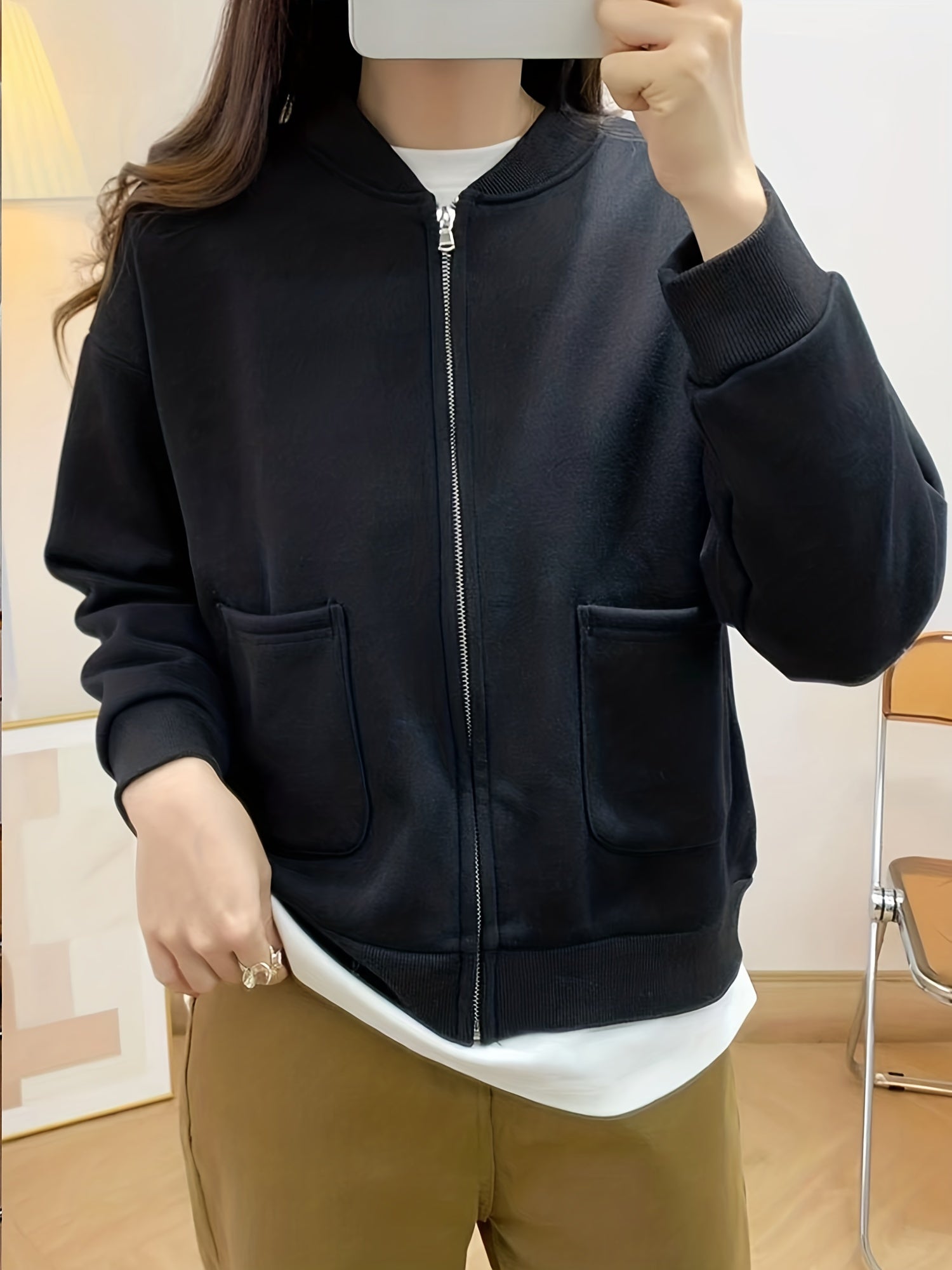 Baseball Neck Solid Jacket Casual Zipper Long Sleeve Outerwear
