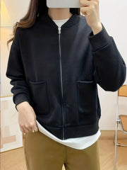 Baseball Neck Solid Jacket Casual Zipper Long Sleeve Outerwear