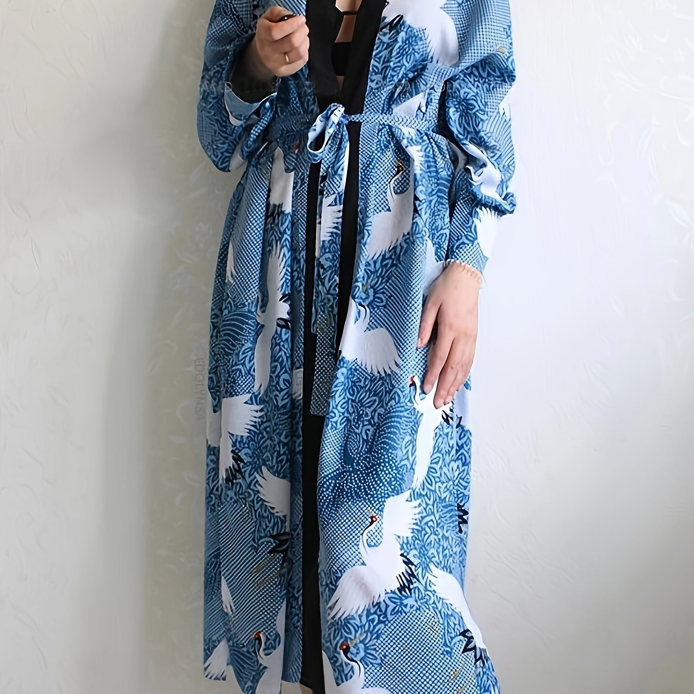 Crane Animal Print Long Sleeve Kimono Cover Up Shirt
