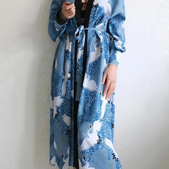 Crane Animal Print Long Sleeve Kimono Cover Up Shirt