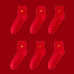 6 Pairs Year of the Dragon Red Fu Socks Women's Stockings