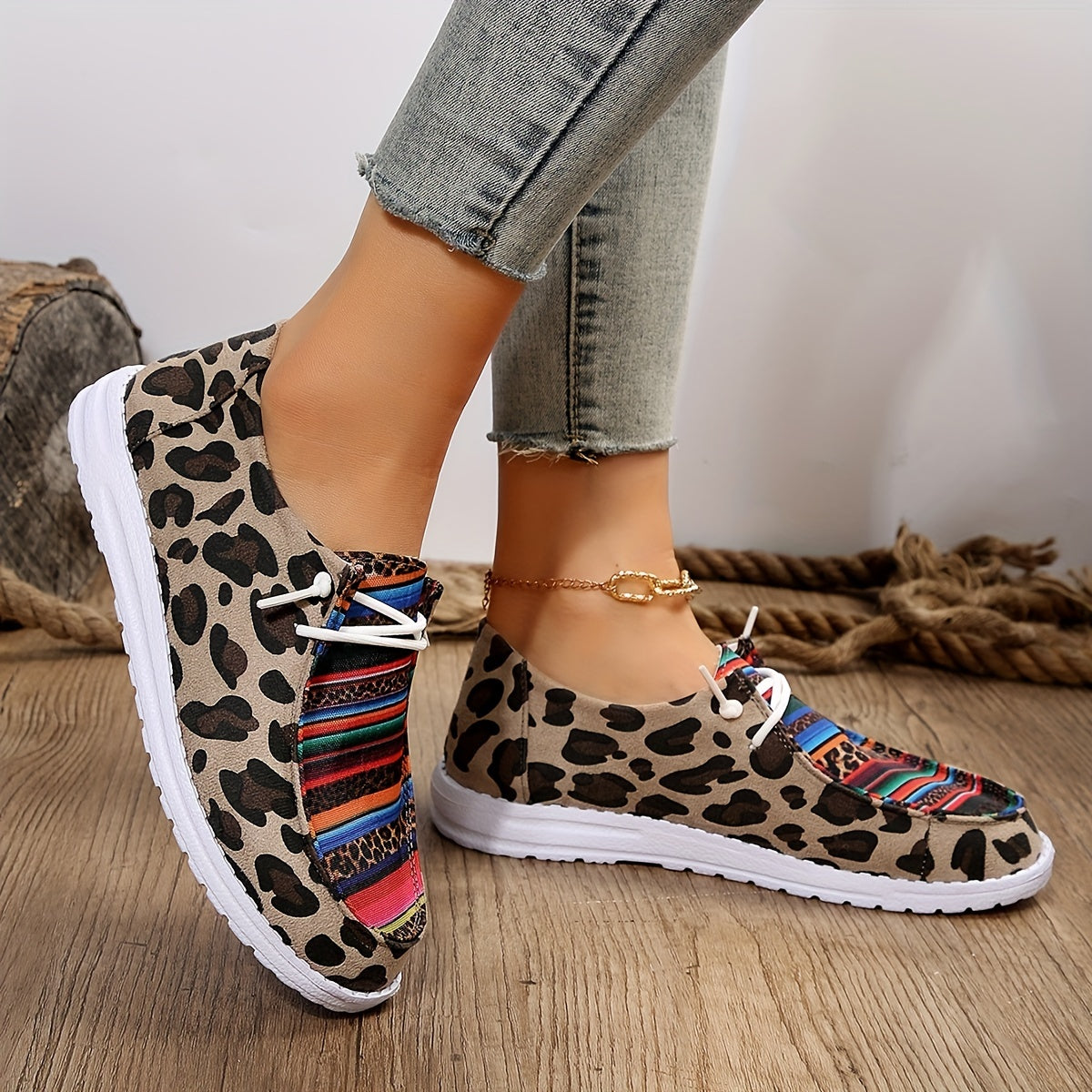 Women's Stripe & Leopard Print Boat Shoes Lace Up Walking Shoes