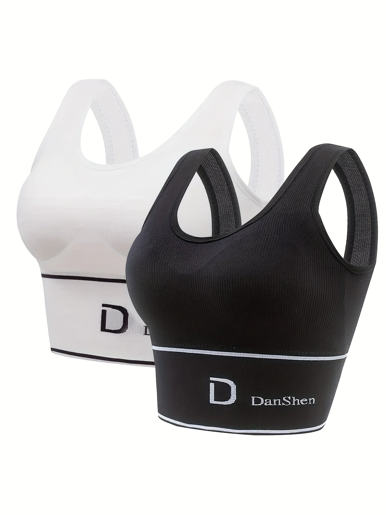 2 Pack Plus Size Sports Bra Women's Plus Letter Print Ribbed Round Neck Bra Set