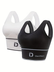 2 Pack Plus Size Sports Bra Women's Plus Letter Print Ribbed Round Neck Bra Set