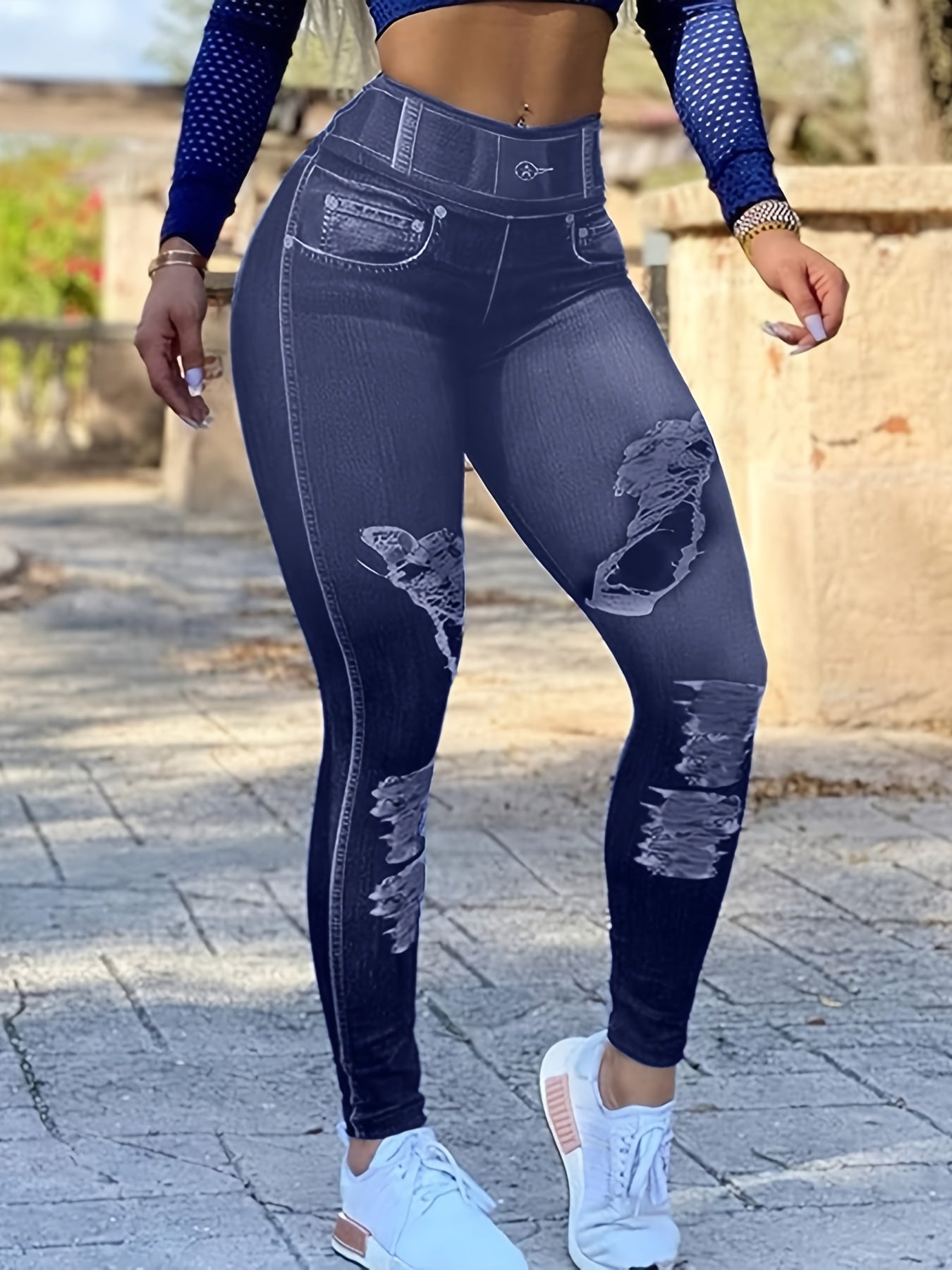 Jeans Print Skinny Yoga Leggings High Waist Lifting