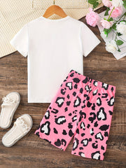 Girls Leopard Heart T shirt & Pants Set for Summer Party
