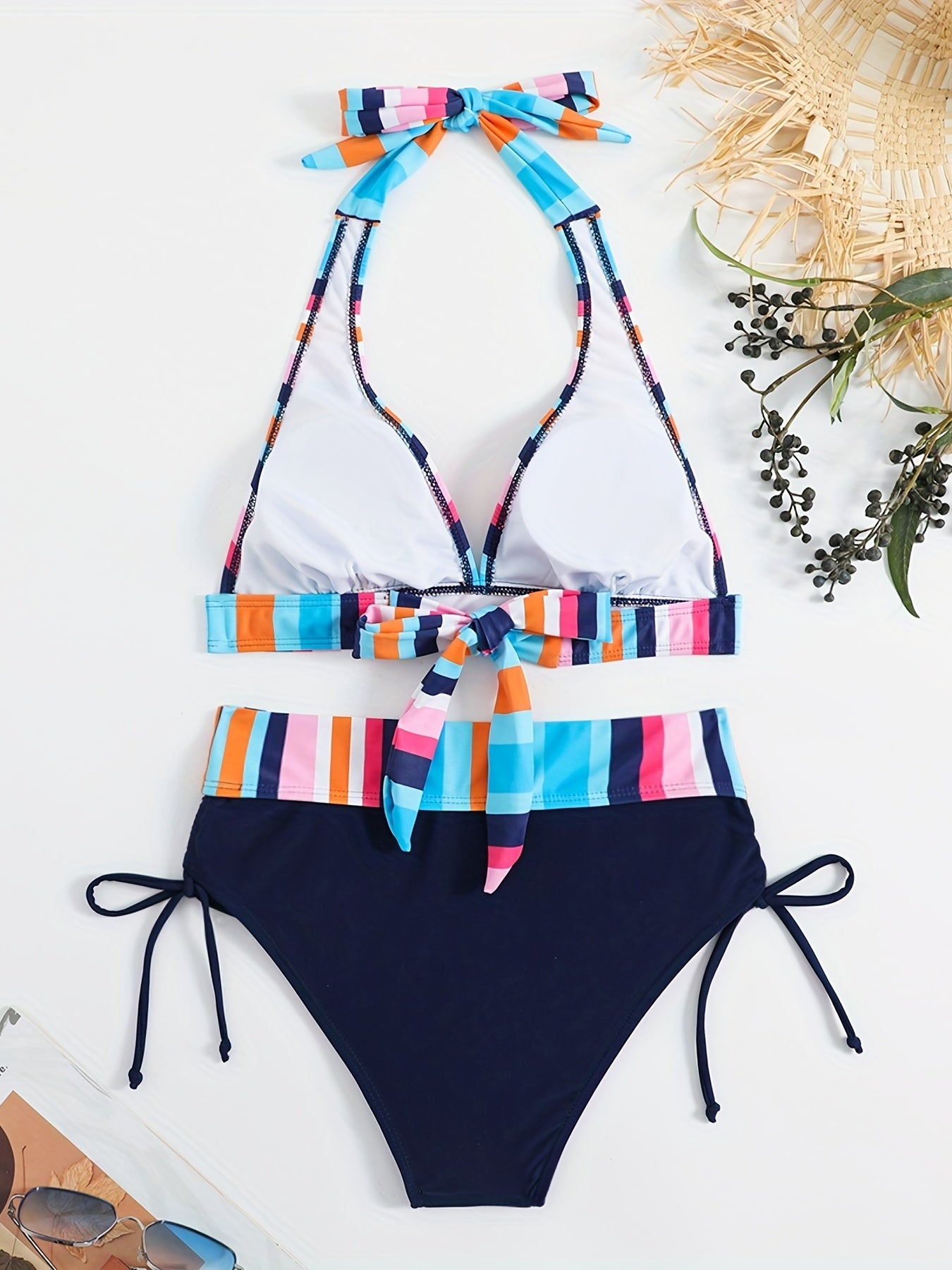 Colorful Strip Print Halter 2 Piece Bikini Set