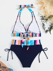 Colorful Strip Print Halter 2 Piece Bikini Set