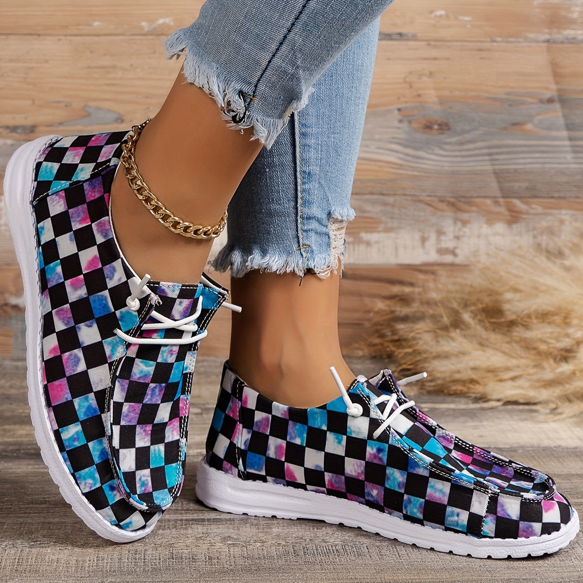Women's Colorful Plaid Walking Shoes Lightweight Low Top Sport Skate Shoes