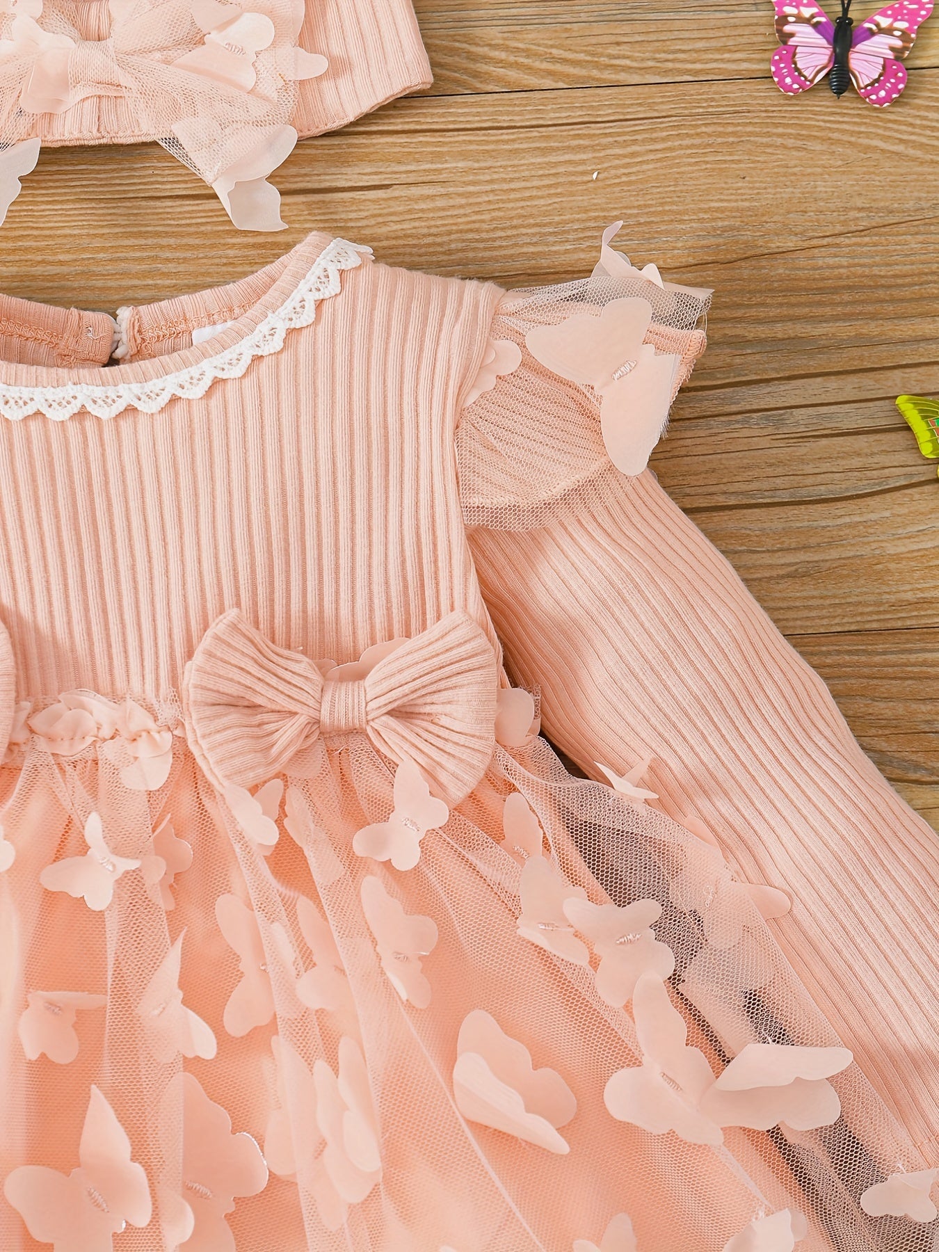 2pcs Baby Girls Butterfly Long Sleeve Dress & Headband Set