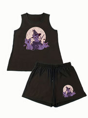 Halloween Lounge Set Women's Witch Hat Cat Print Pajama Two Piece