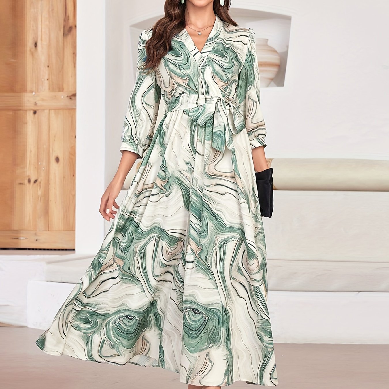 Marble Print Surplice Neck Dress 3/4 Sleeve Midi Dress