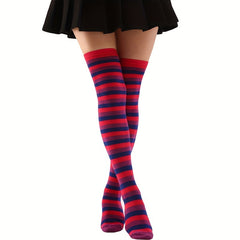 4 Pairs Striped Thigh High Socks Colorblock Over The Knee Socks