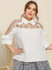 Contrast Mesh Ruffle Trim Blouse Plus 3/4 Sleeve
