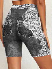 Denim Floral Print High Waist Shorts