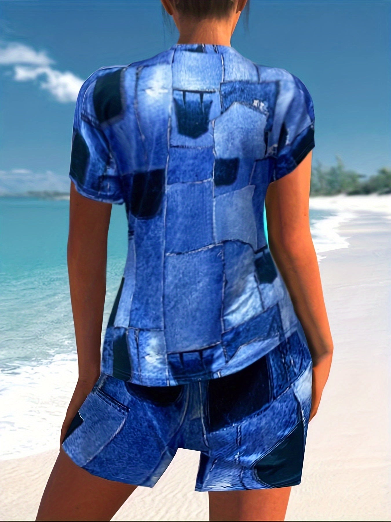 Letter Print Short Sleeve T shirt & Patchwork Shorts Set