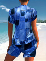 Letter Print Short Sleeve T shirt & Patchwork Shorts Set