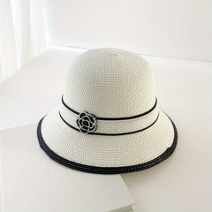 Camellia Straw Sun Hat Striped Bucket Hats Outdoor Travel Beach Hats For Women