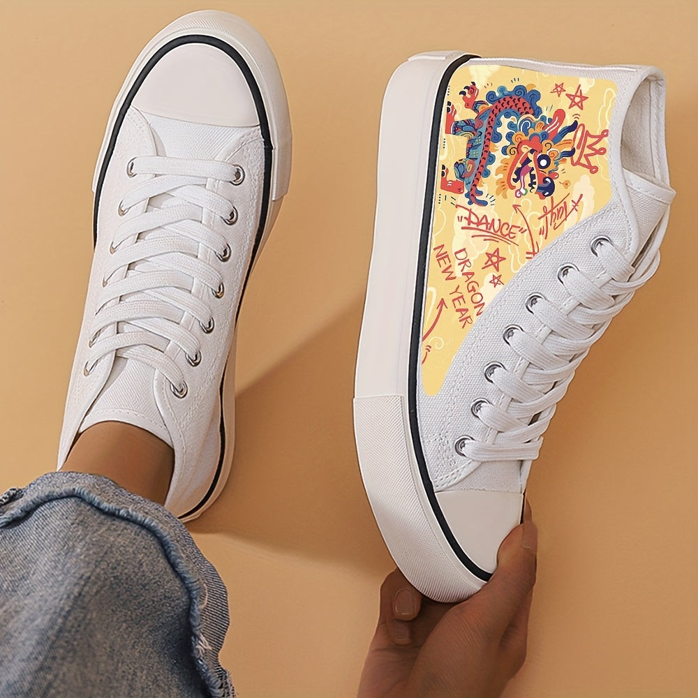 Dragon Print Flat Heighten Chunky Canvas Sneakers
