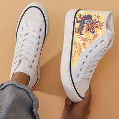 Dragon Print Flat Heighten Chunky Canvas Sneakers