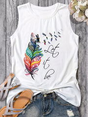 Feather Print Tank Top Sleeveless Crew Neck Casual Tops