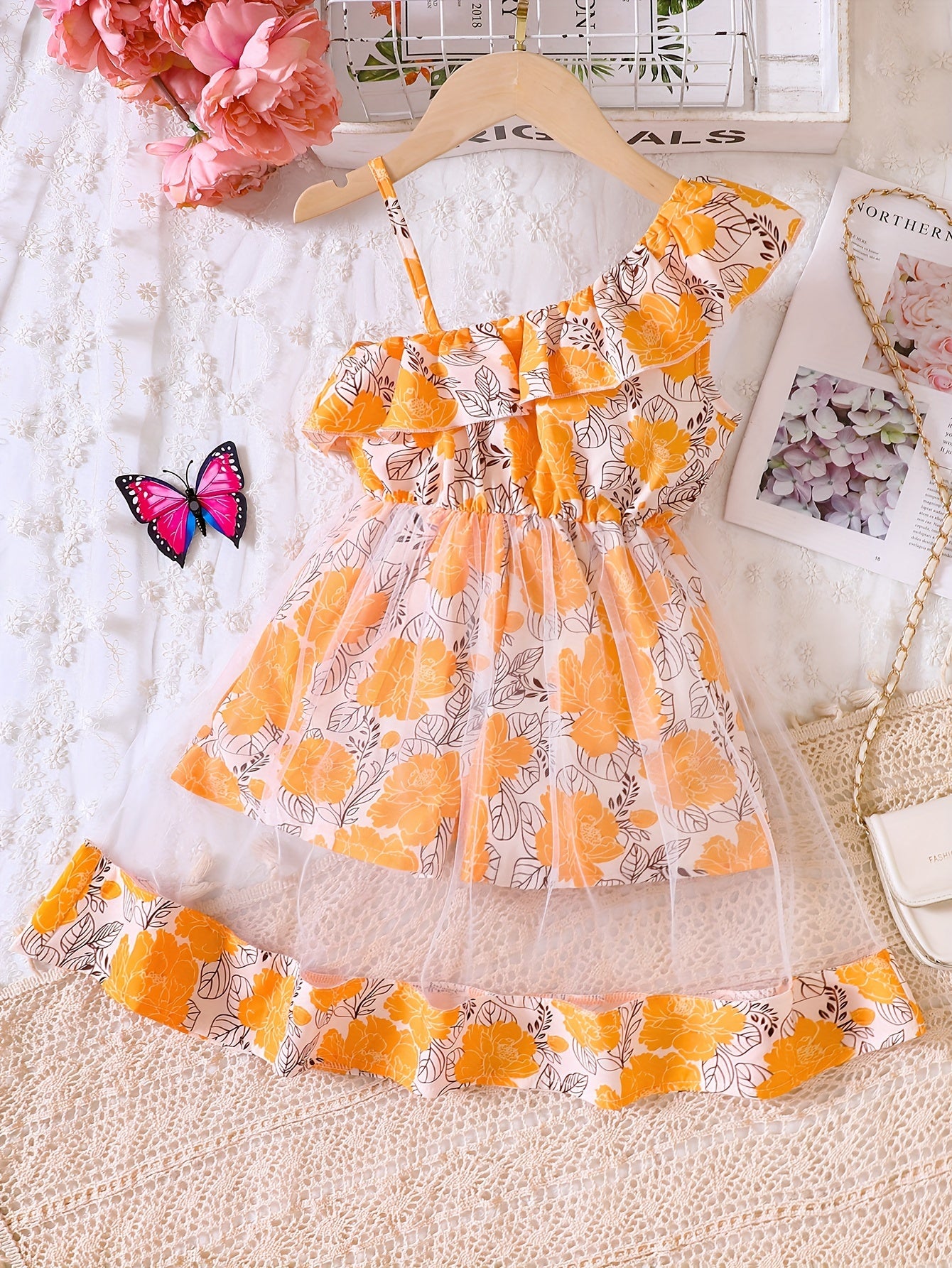 Toddler Girls Ruffle Trim Flowers Graphic Rompers Jumpsuits