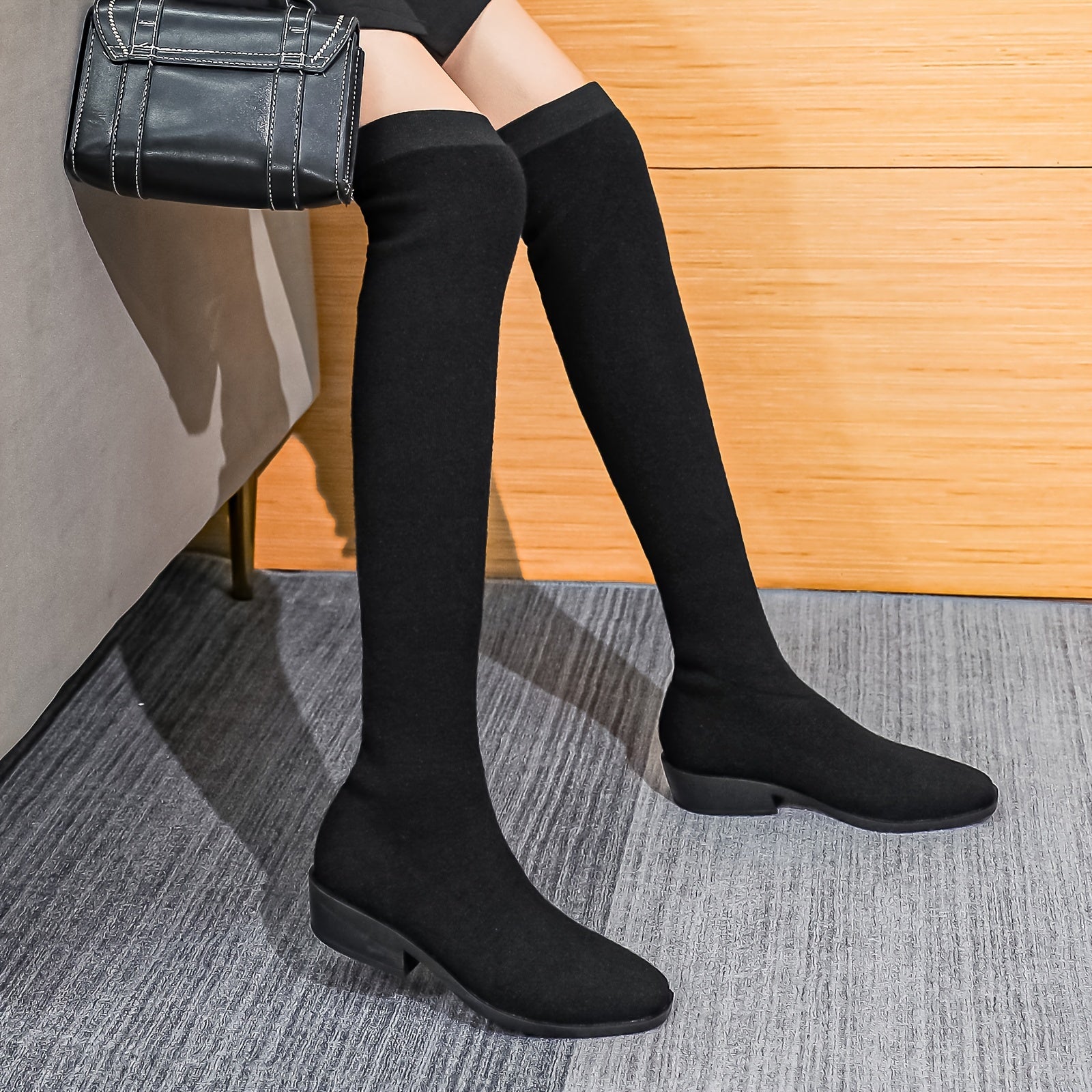 Women's Stretchy Thigh High Boots Chunky Heeled Boots