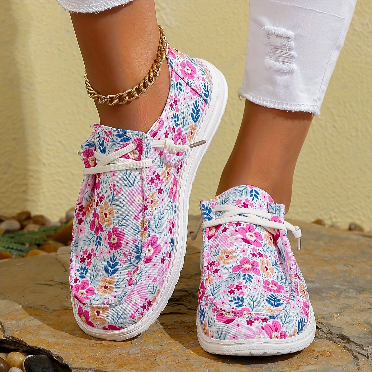Women's Floral Pattern Boat Shoes Low Top Lace-Up Flats