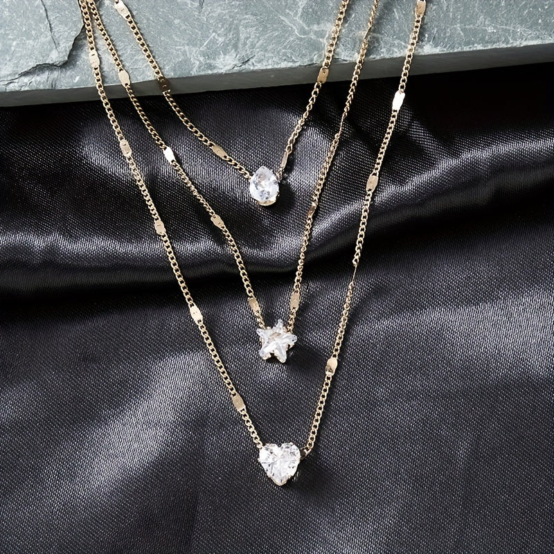 Girls Vintage Layered Heart Star Drop Pendant Necklace