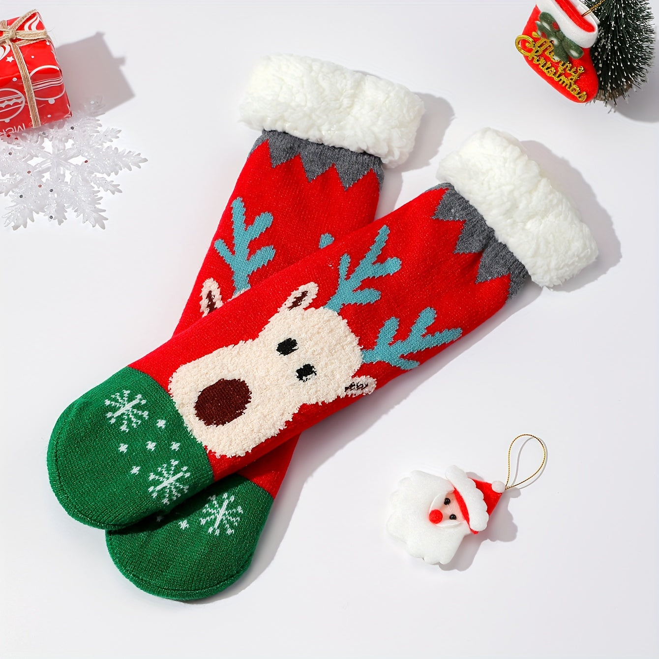 6 Pairs Christmas Elk Print & Plush Lined Women's Socks