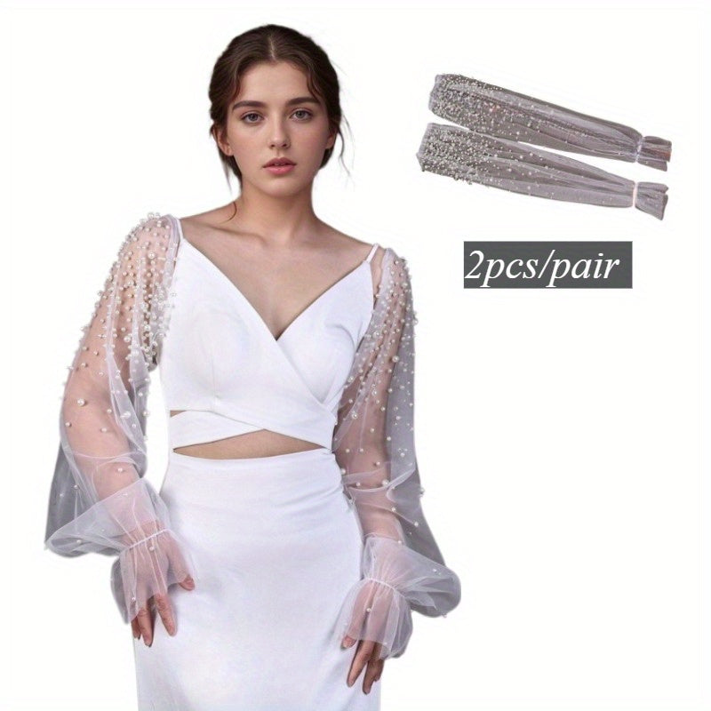 2pcs Embellished Mesh Sleeves Sheer Bridal Accessories