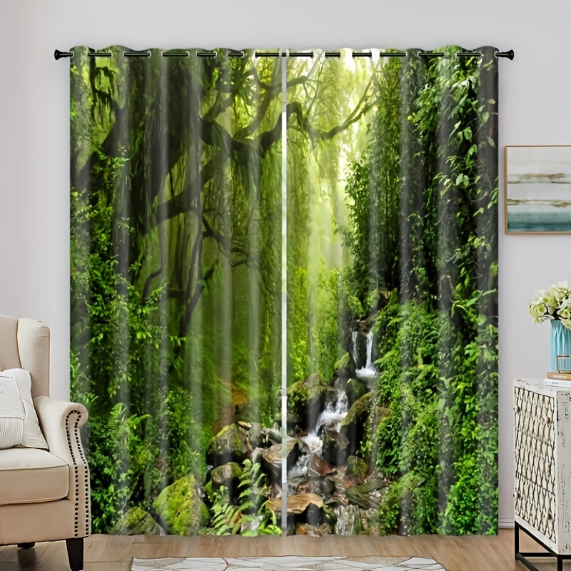 2pcs Forest Stream Printed Window Curtain