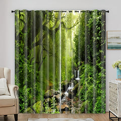 2pcs Forest Stream Printed Window Curtain