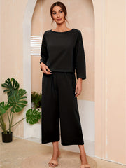 Solid Casual 2pc Set Boat Neck Top & Wide Leg Pants