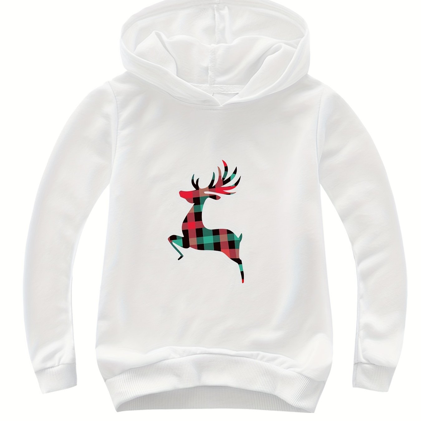 Plaid Reindeer Print Cotton Hoodie for Girls Spring Fall