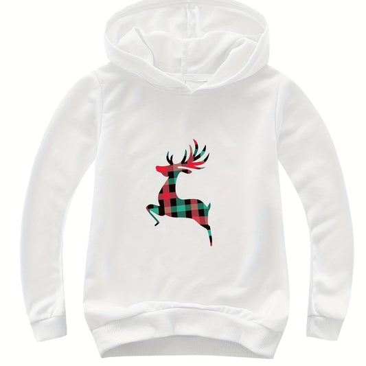Plaid Reindeer Print Cotton Hoodie for Girls Spring Fall