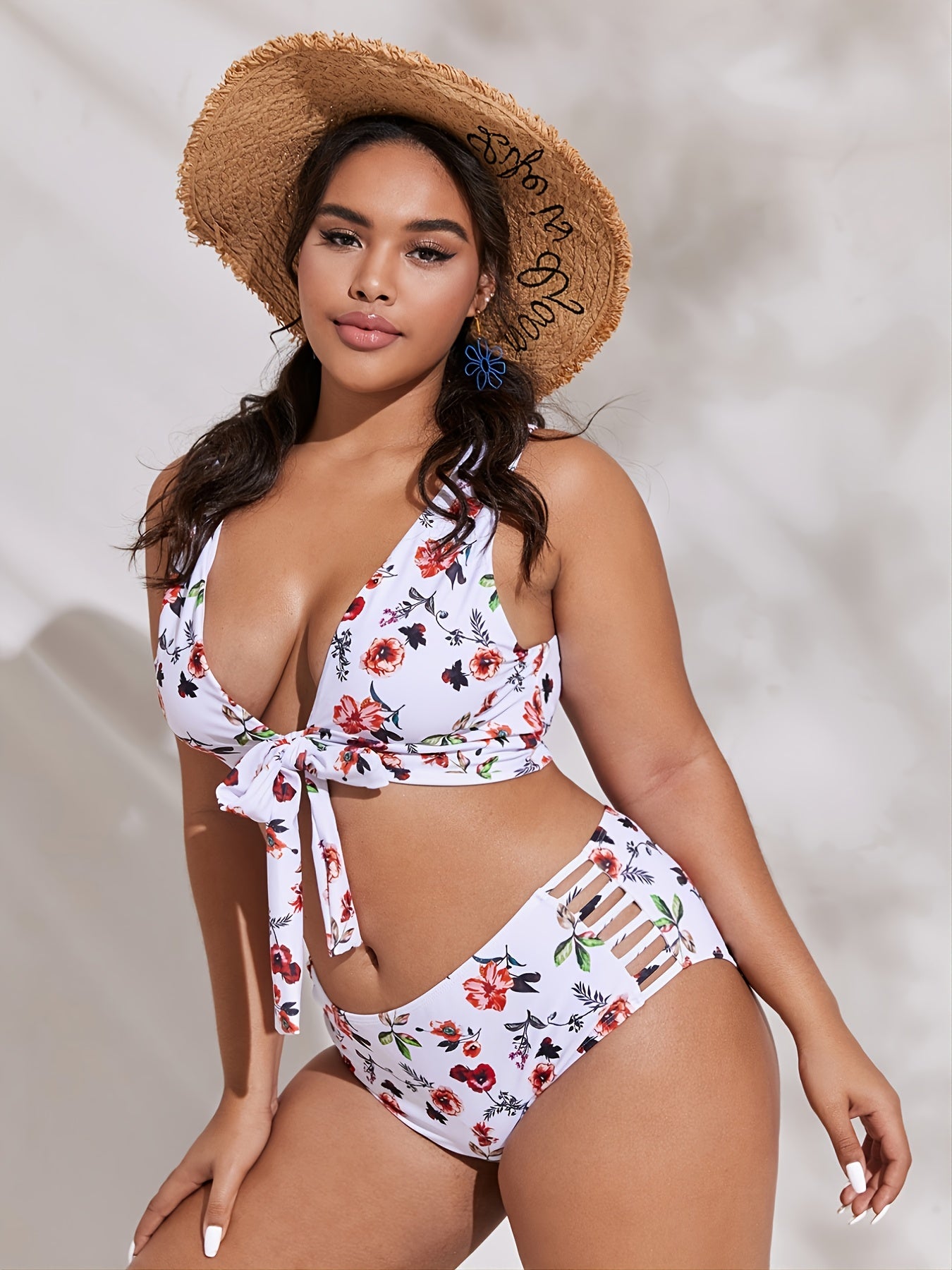 Floral Halter Neck Knot Front Bikini Set Women's Plus Size Two Piece Swimsuit