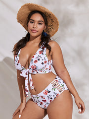 Floral Halter Neck Knot Front Bikini Set Women's Plus Size Two Piece Swimsuit