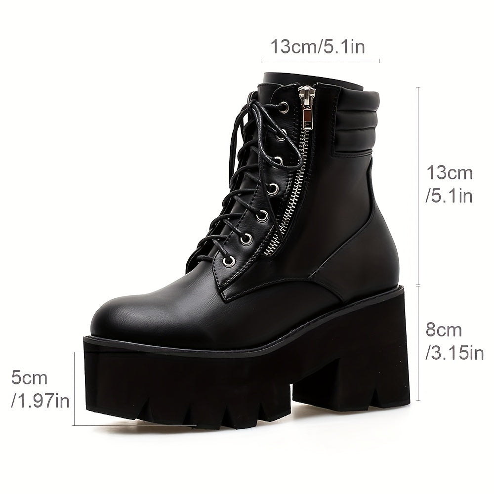 Women's Side Zip Platform Boots Lace Up Round Toe Shoes