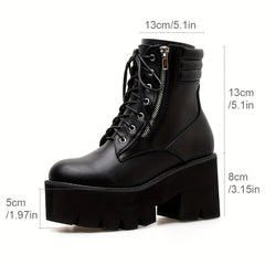 Women's Side Zip Platform Boots Lace Up Round Toe Shoes