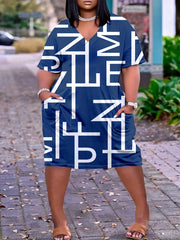 Plus Size Casual Dress Women's Plus Letter Print V Neck Short Sleeve Dress