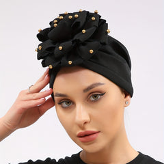 Golden Beads Flower Turban Head Scarf Elastic Beanie Cap
