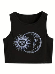 Funny Sun & Moon Graphic Crop Tank Top